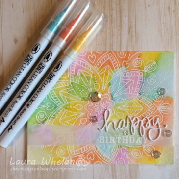 Rainbow watercolor birthday card using heat embossing resist technique and Zig Clean Color Real Brushes.